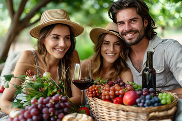 Cheerful company of friends on a picnic, man two women on a green meadow among trees at noon with a basket of food.
