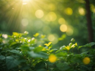 Obraz premium Natural outdoors bokeh background in green and yellow sunlight