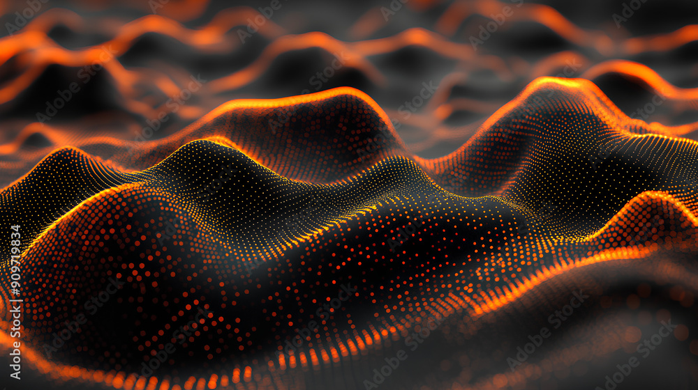 Poster abstract black dark background with orange dots and lines, creating a wave pattern on the surface of