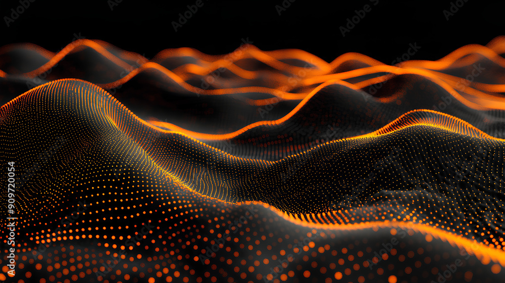 Poster abstract black dark background with orange dots and lines, creating a wave pattern on the surface of