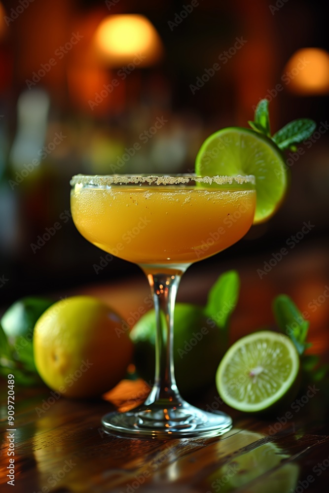 Poster refreshing citrus cocktail with lime garnish positioned elegantly in a bar setting during the evenin