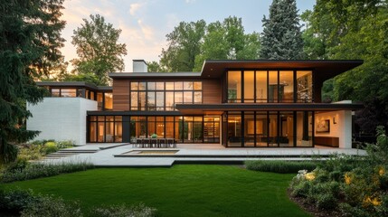 Modern architectural home with floor-to-ceiling windows, cedar siding, white brick walls, and slimline exterior light fixtures