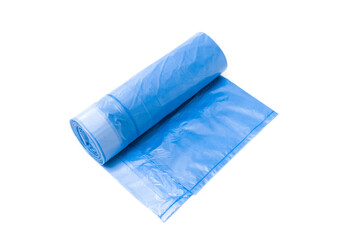 Fototapeta premium Roll of blue plastic garbage bags isolated on white background