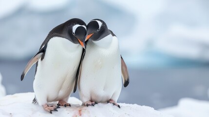 Two adorable penguins sharing a tender moment on an icy landscape, showcasing their unique bond and charming demeanor.