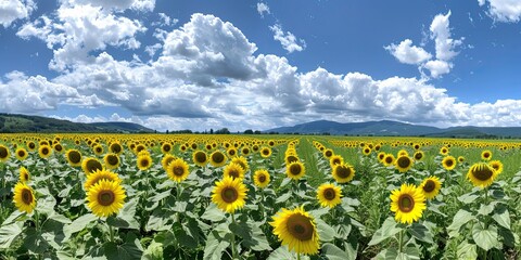 Obraz premium Panorama of a scenic sunflower field under a bright sky 