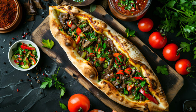 Turkish pide traditional food with beef and vegetables. Top view