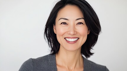 Obraz premium Smiling and cheerful Asian woman in her 30s or 40s, showcasing a glad expression against a white background