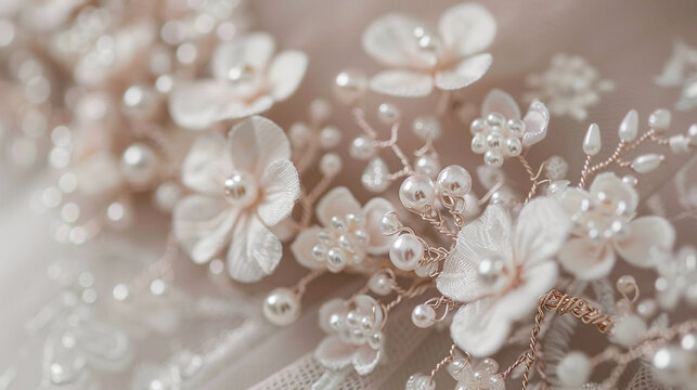 Close-up of a delicate bridal hairpiece with pearls and flowers