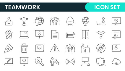 Teamwork linear icons collection. Set of coworking space icons. Business teamwork, team building, work group, and human resources minimal thin line web icon set.