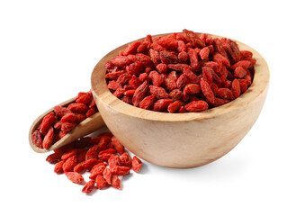 Dried goji berries in bowl and scoop isolated on white