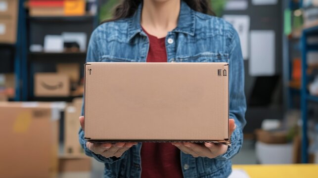 Person holding a cardboard box in a storage room