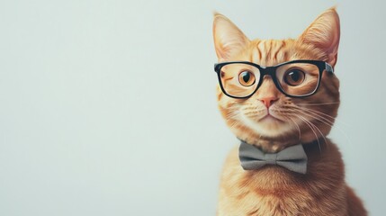 Close-up of an orange cat in glasses and a bow tie, posing on a white background. Space for text.