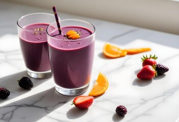 trawberry, blackberry, and blueberry smoothie served in an elegant, modern marble kitchen surrounded by fresh fruits.

