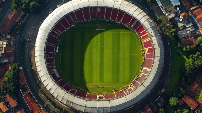 Sao Paulo Morumbi Stadium from above, during a football match, white background, space for text.