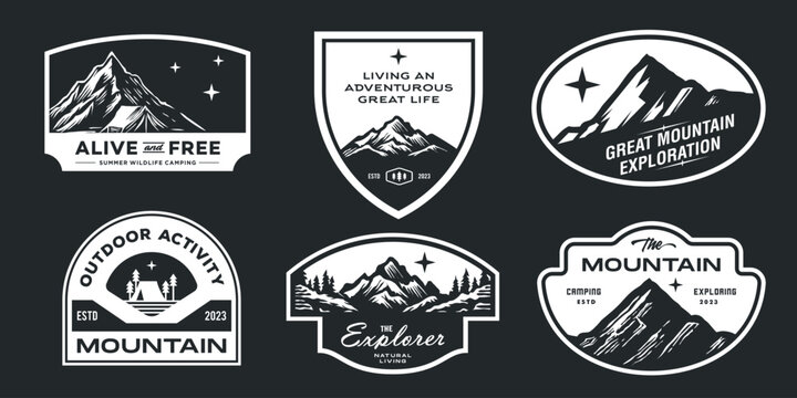 Mountain logo. set collection of vintage adventure badge. Camping emblem logo with mountain illustration in retro hipster style. classic modern style badge for t shirt and sticker artwork