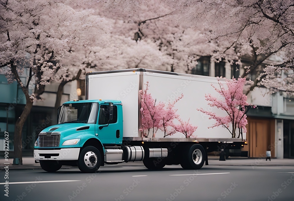 Wall mural compact small truck trailer semi box driving cube commercial transporting cargo spring urban street 