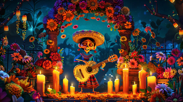 dia de los muertos day of the dead carnival party background, Cinco de Mayo skeleton, skull, catrina spoky and scary backdrop