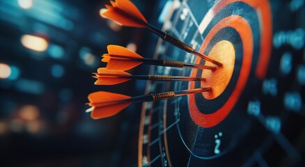 Darts with arrows hitting the bullseye on a stock market trading board, a business concept for achieving financial goals
