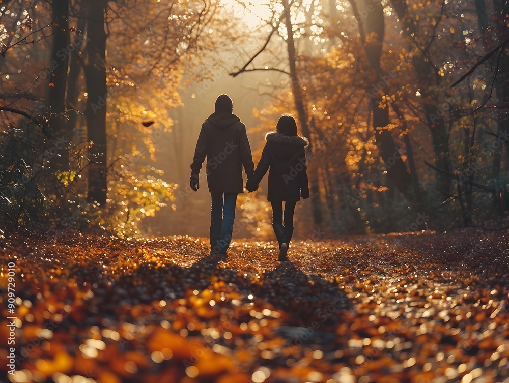 Sticker Loving Couple s Romantic Autumn Forest Walk Surrounded by Vibrant Foliage