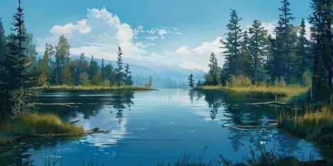 Fototapeta premium Panorama of a serene lake surrounded by pine trees 
