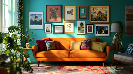 beautiful living room interior featuring a gallery wall of assorted frames can be used as a wallpaper