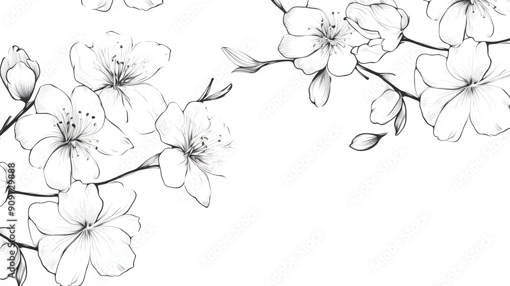 Wall mural sketches of apple blossoms, simple line drawings , black and white, coloring book style, white backg