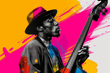 jazz bassist, halftone overlay, color splash, artistic, music, musician, jazz, bass, creative,...