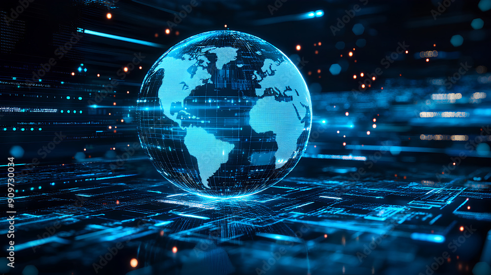 Poster blue hologram globe with world map with glowing data streams, ai global communication networks, virt