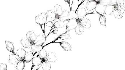 sketches of apple blossoms, simple line drawings , black and white, coloring book style, white background, patterns, background, wallpaper.