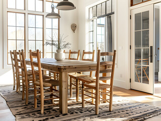 Rustic wood table and modern farmhouse decor in cozy dining room with natural light.