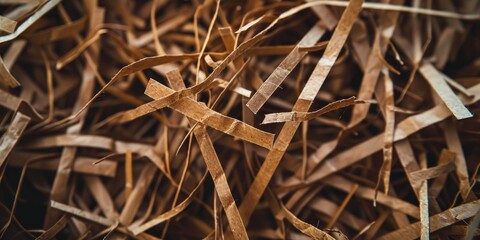 Brown decorative straws fillers for gift boxes product placement and shipping Shredded paper texture for an aesthetic touch Macro photography with selective focus
