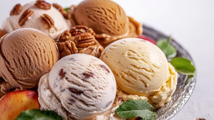 Autumn ice cream flavors like maple pecan and caramel apple, artistically arranged on a platter with seasonal garnishes