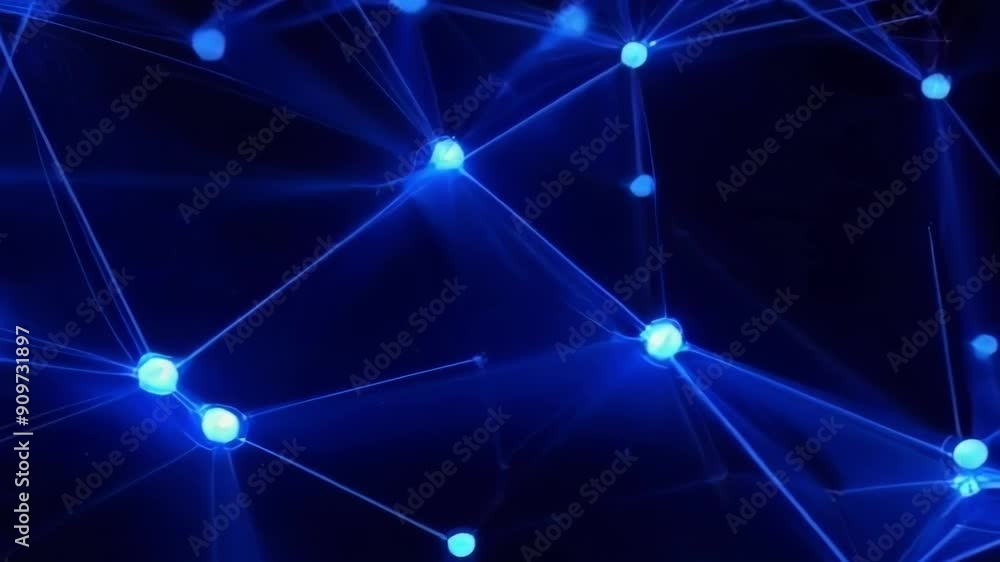 Poster an abstract visual representation of a digital network, showcasing connections and motion in a blue,
