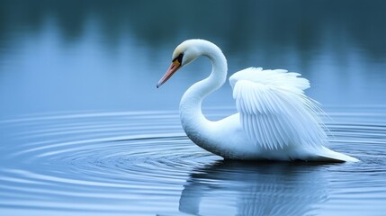 Naklejka premium Graceful white swan swimming in a calm blue lake