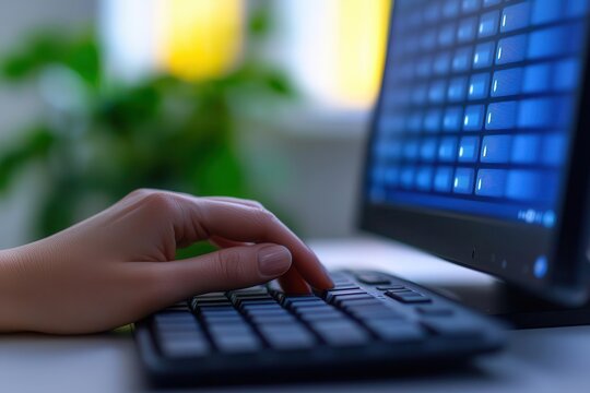 Close-up of hand setting a sleep mode on a computer, energy-saving, photorealistic