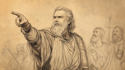 Fototapeta premium Moses Reminding New Generation: Deuteronomy's A Nation's Rebellion. Biblical illustration on a beige background, ideal for Bible wall art and religious education, urging Israelites to remain faithful.