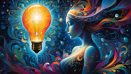 Illuminating Creativity Portrayed with an Abstract Illustration of Woman with Cosmic Lightbulb