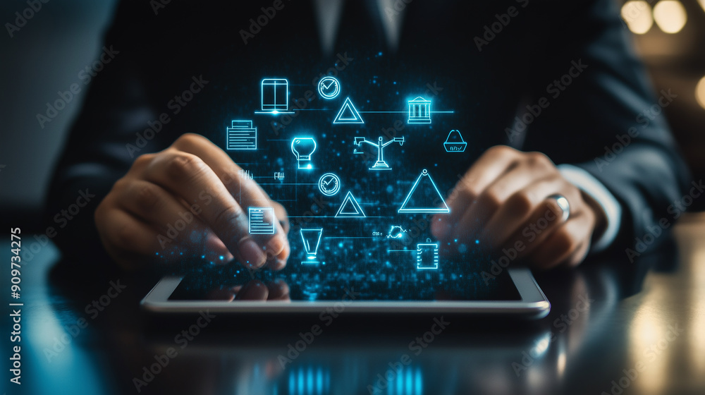 Poster a man is holding a tablet with a blue screen that has a lot of numbers and graphs on it