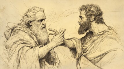 Fototapeta premium Biblical Illustration: Moses Blessing Joshua in Deuteronomy - Final Words and Leadership Transition - Bible Wall Art with Beige Background