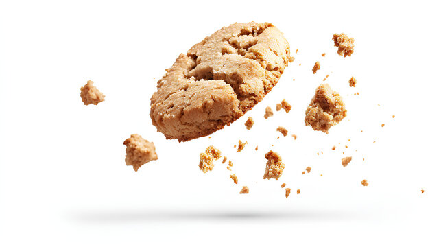 Crumbs integral biscuit, cookie flying, isolated on white