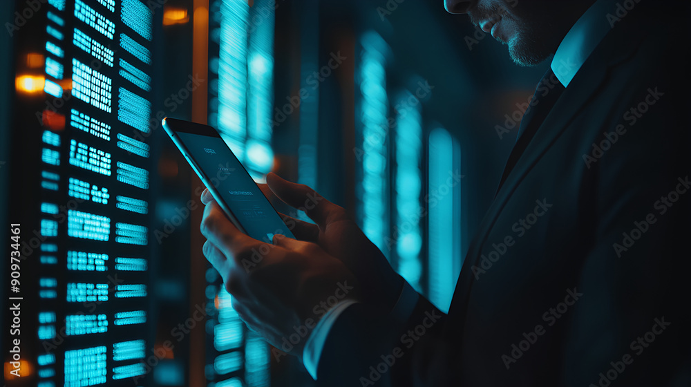Poster cybersecurity and privacy concepts to protect data. businessman use smartphone with cyber security t