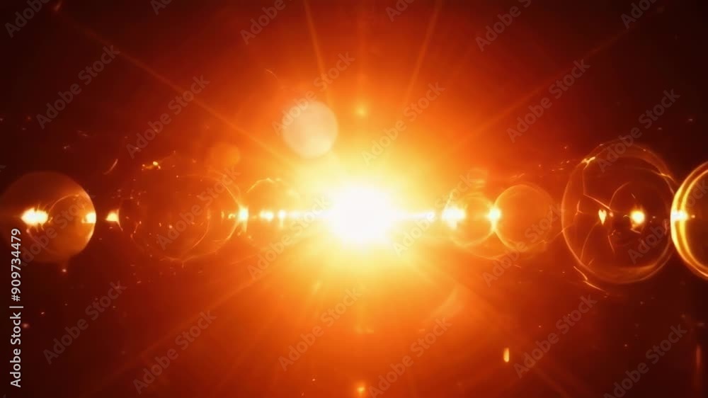 Poster a vibrant scene showcasing light rays and glowing spheres, creating an energetic and surreal visual 