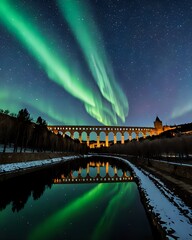 Northern lights over Roman aqueduct. River crossing. Night sky