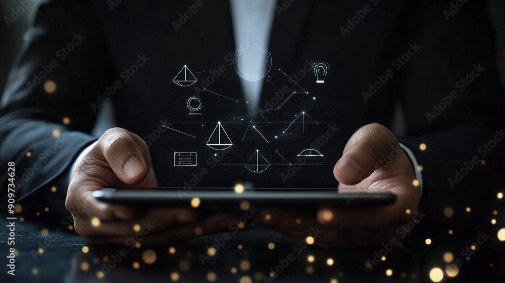 Poster a man is holding a tablet with a blue screen that has a lot of numbers and graphs on it