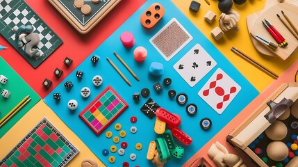 Different board games on color background top view