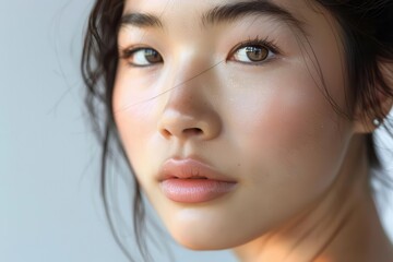 Fototapeta premium serene closeup of an asian womans face porcelainlike skin glowing under soft studio lighting radiating beauty and tranquility against a pure white backdrop