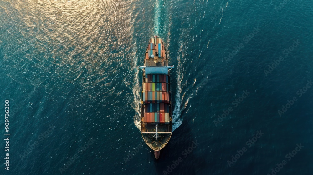 Poster aerial top view of a large cargo container ship navigating through the ocean, showcasing global frei
