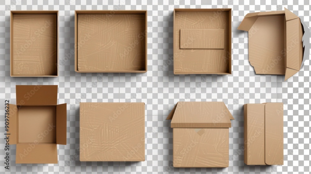 Aufkleber collection of packaging boxes in different sizes, shown from multiple sides, with some open and some
