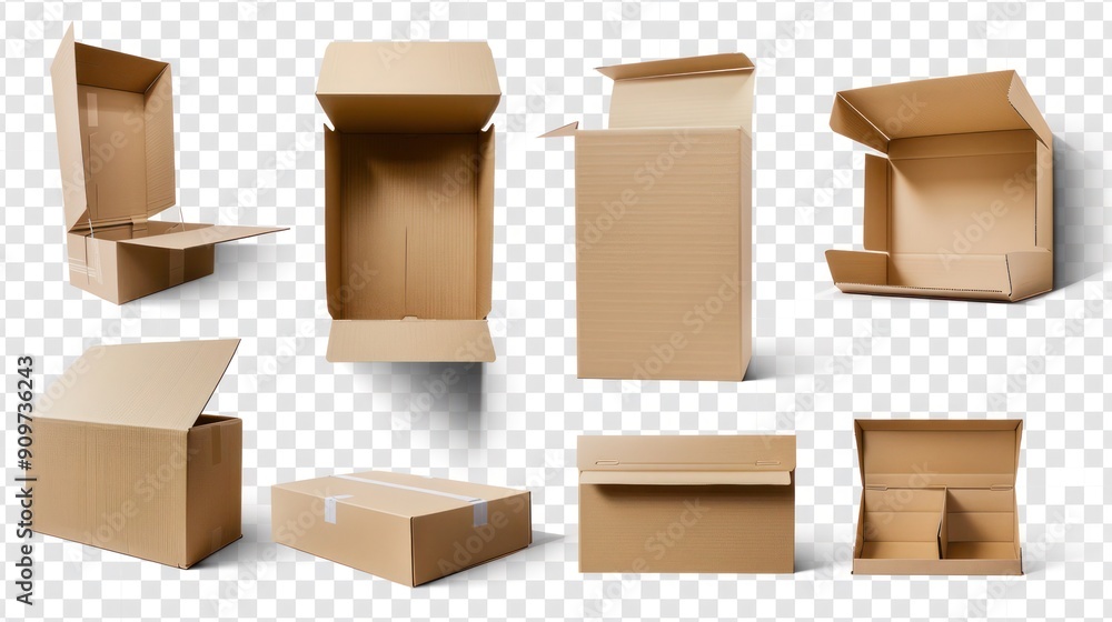 Poster collection of packaging boxes in different sizes, shown from multiple sides, with some open and some