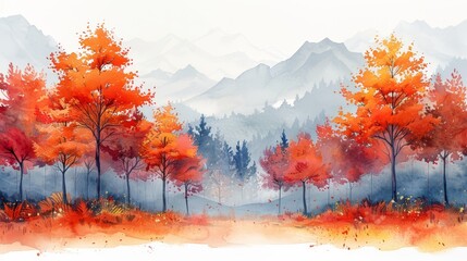 Autumn Forest with Vibrant Trees and Mountains